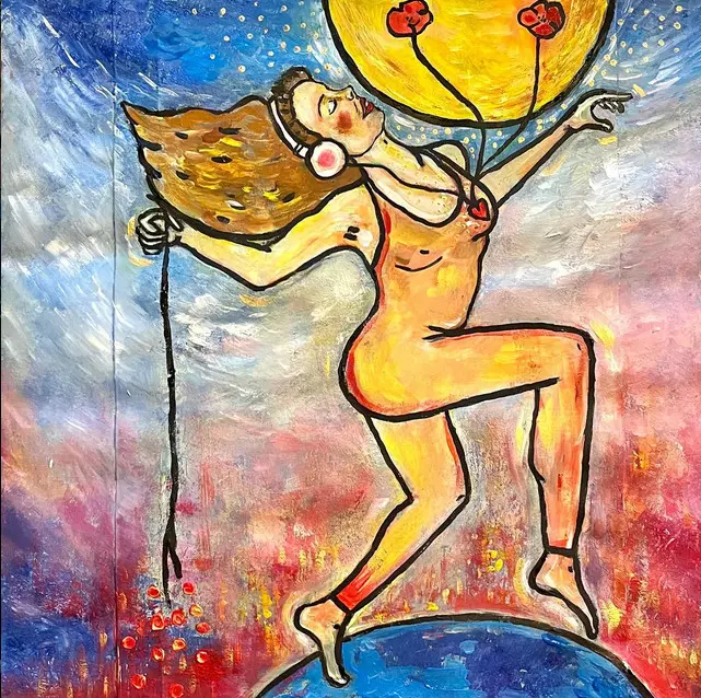 Pochette de Danse : une silhouette dansante sur un globe sous un soleil, dans une peinture bleue, violette et ocre