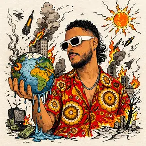 Pochette de Planète cool : YAMALO en lunettes blanches et chemise rouge tient une Terre bleue au milieu d’un monde en feu