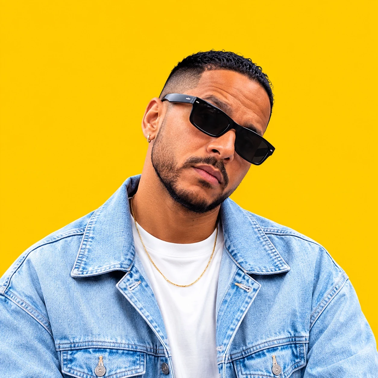 Portrait de YAMALO en veste en jean et lunettes noires sur fond jaune